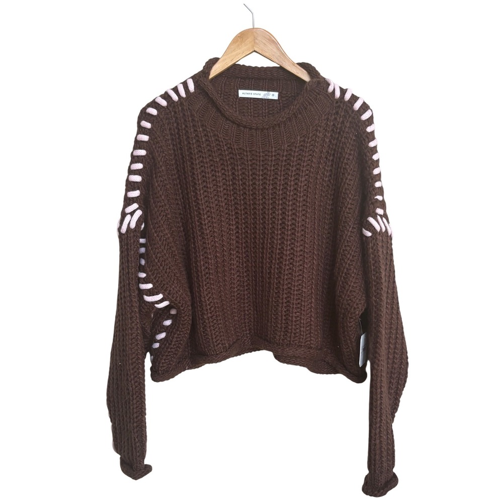 NWT Altar'd State Brown Pink Whipstitch Chunky Knit Crop Sweater Small